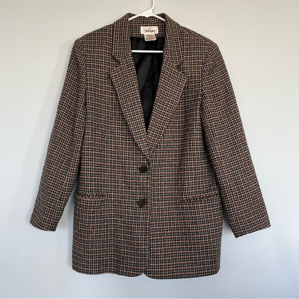 Vintage 90s 00s Worthington Houndstooth Tan and Maroon Wool Autumn Blazer